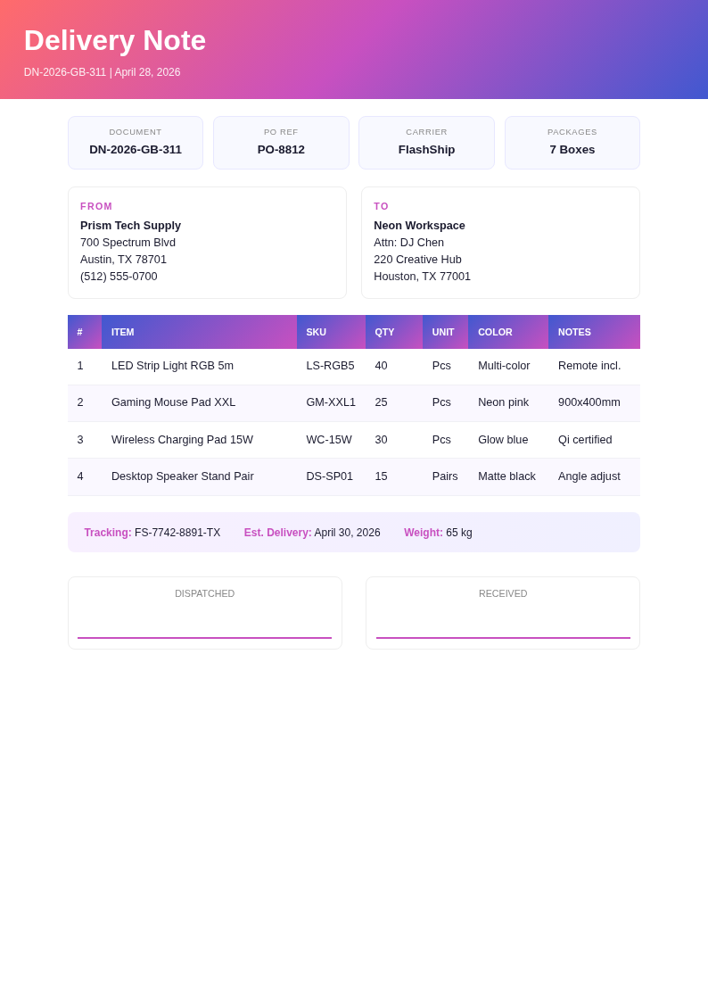 Gradient bold delivery note